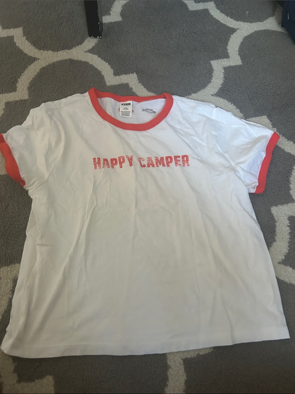 PINK Victoria's Secret White Tee with Pink Trim and 'HAPPY CAMPER' Print